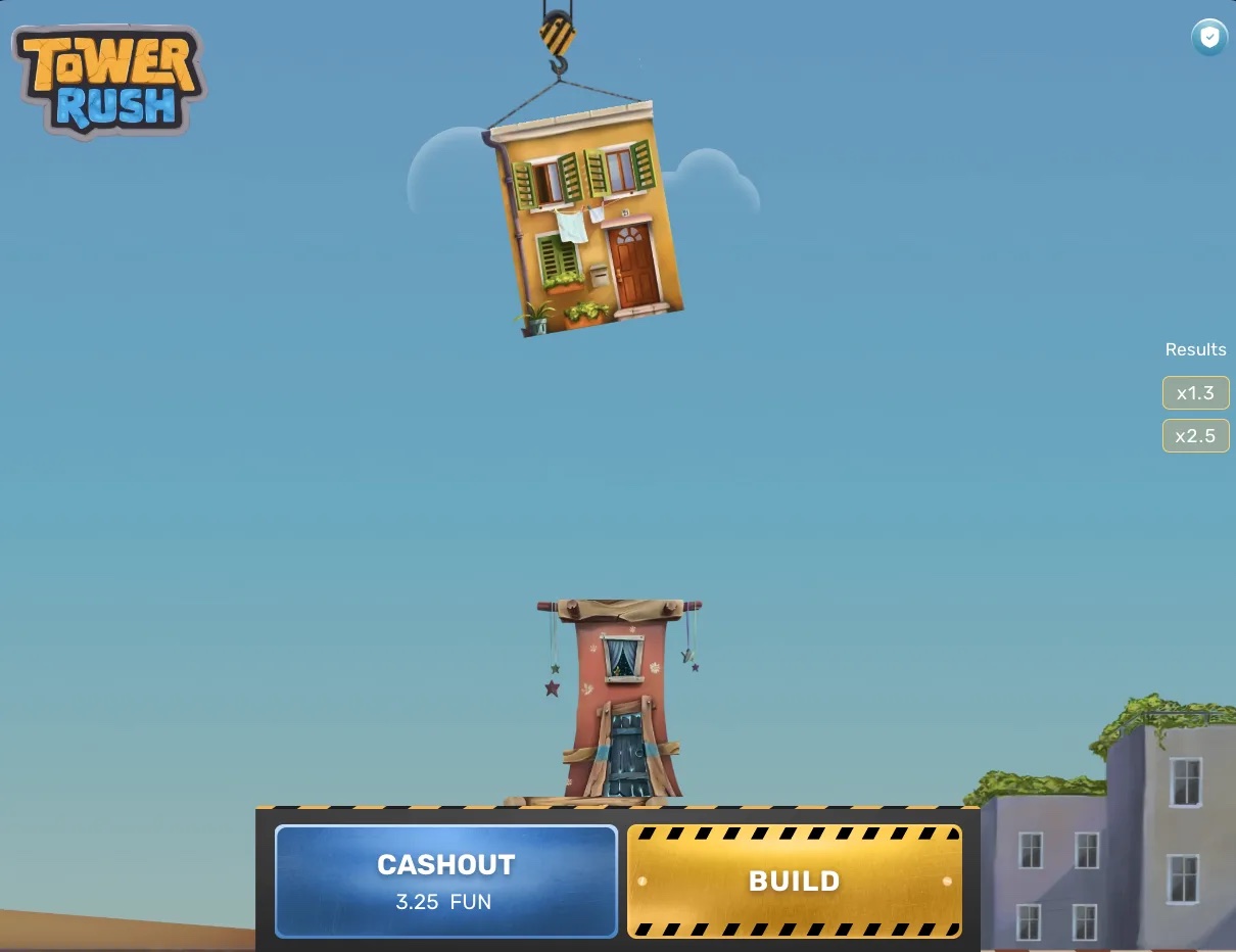Первая Tower Rush: этаж под краном, кнопки Cashout и Build