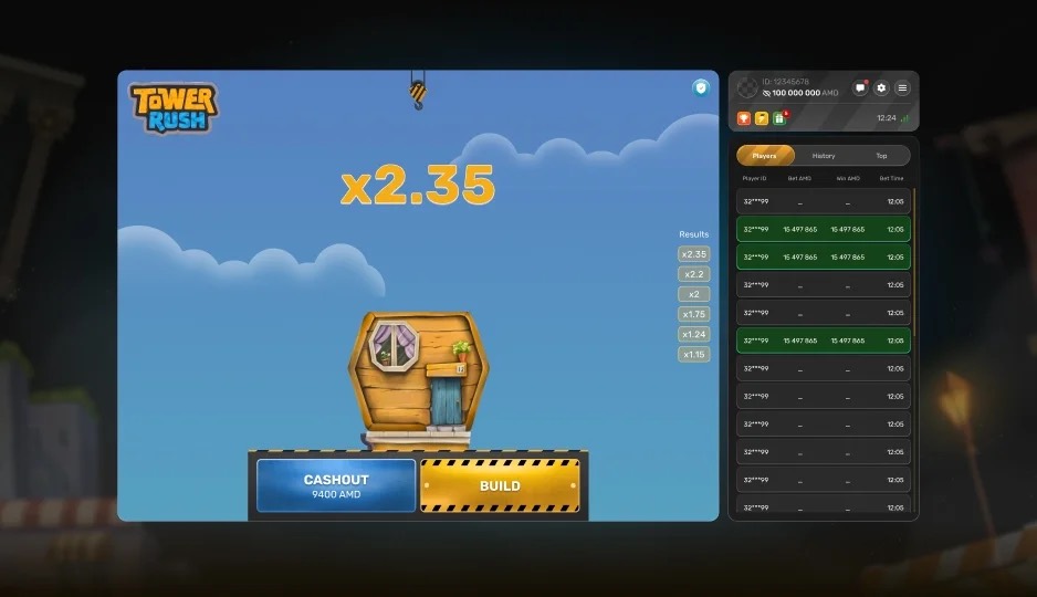 Экран первой Tower Rush: построенный этаж, результат x2,35, кнопки Cashout и Build
